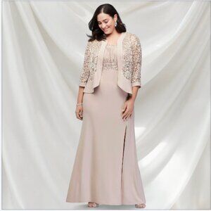 RM Richards Beige Champagne Two-Piece Set with Jacket & Ruched Bodice Dress, 18